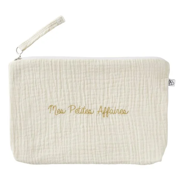 Baby trousse gaze de coton brodée "Mes Petites Affaires" ivoire - Pochettes & Sacs à langer par BB&Co