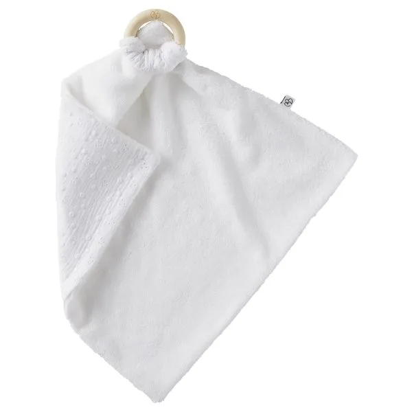 Doudou bi-matière avec anneau de dentition - blanc broderie anglaise - Doudous par BB&Co
