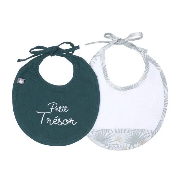 Lot de 2 bavoirs naissance en gaze de coton blanc/vert paon - Palm Springs
