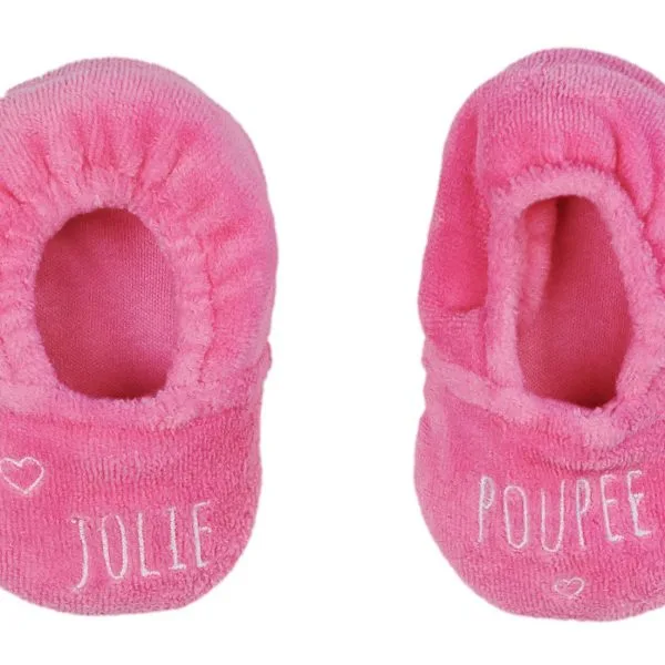 Chaussons velours brodé "Jolie poupée" rose bonbon