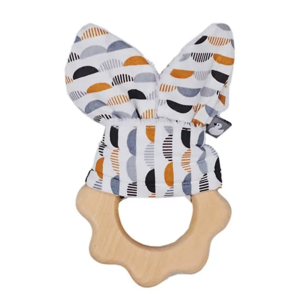 Hochet dentition bois & coton - gris/blanc/camel