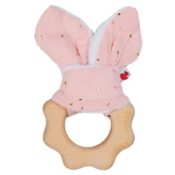 Hochet dentition bois & coton - gaze blush pois or