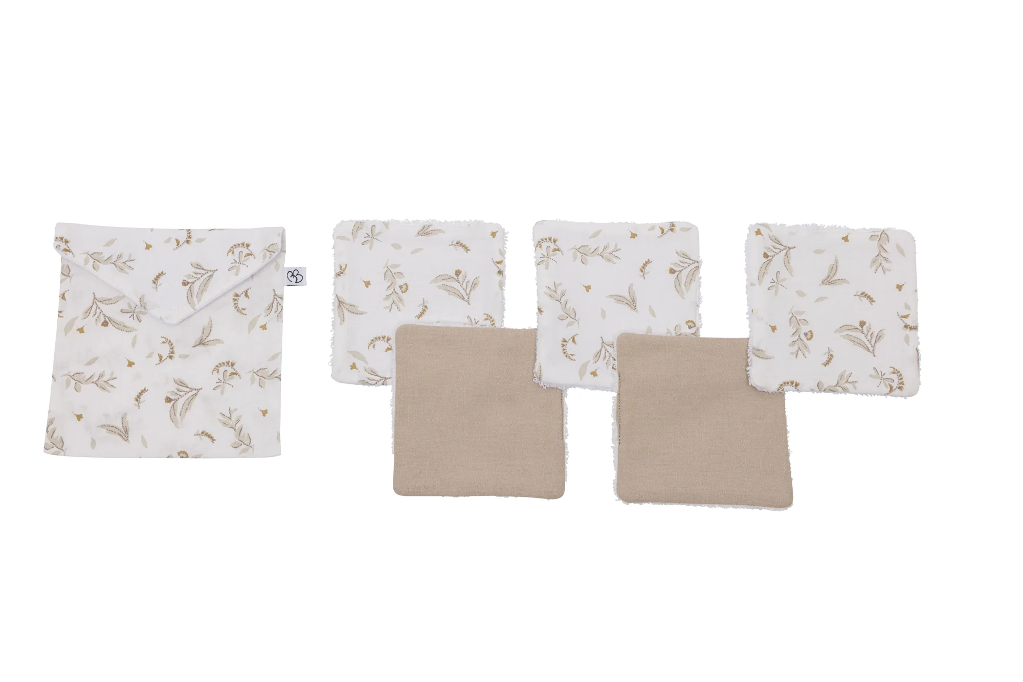 Lingettes lavables & pochette assortie imp. feuilles / biscuit