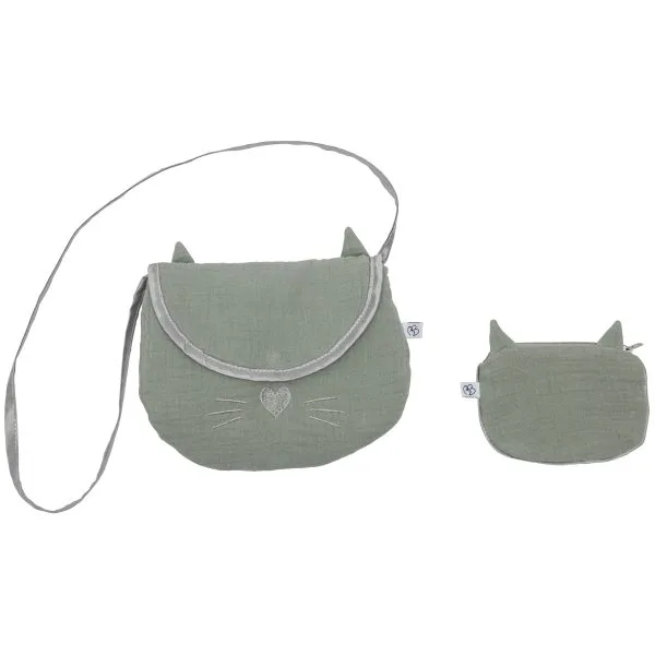 BB&Co - Sac bandoulière + porte-monnaie Chat gaze coton vert de gris / argent