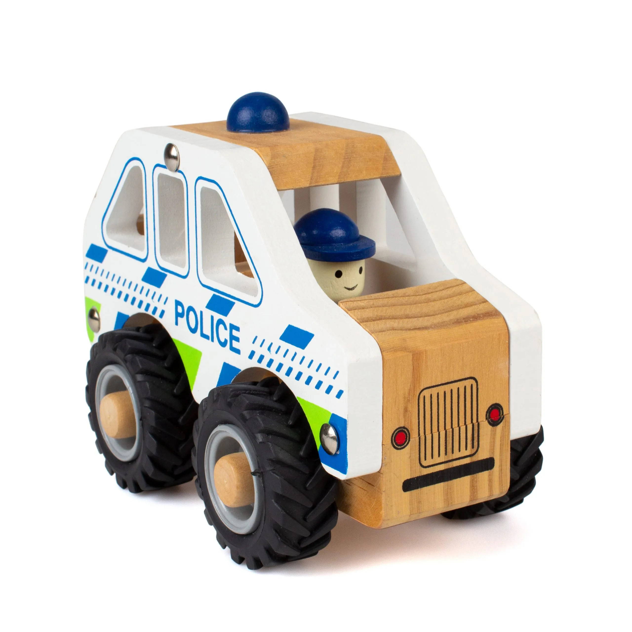 Voiture de police en bois avec roues en caoutchouc - blanc
