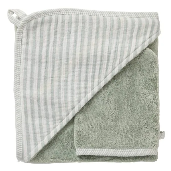 Cape de bain + gant rayé vert de gris - Soft Stripes