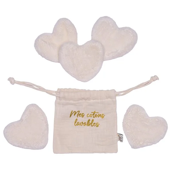 Set 5 cotons lavables forme cœur dans pochon - lait - Poule House