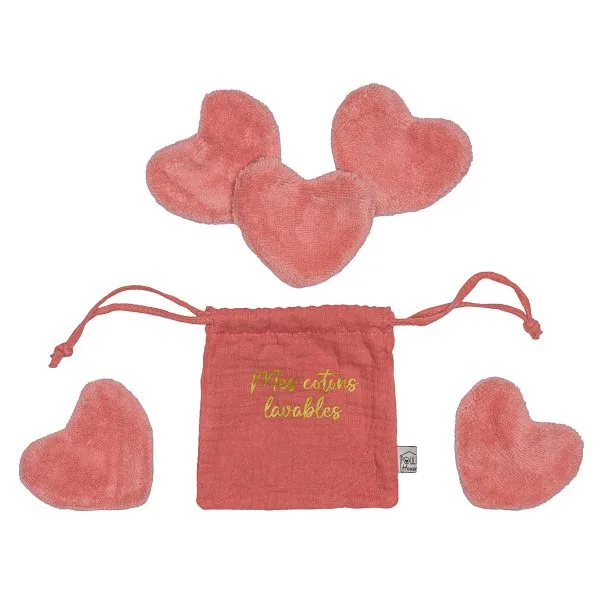 Set 5 cotons lavables forme cœur dans pochon - terracotta - Poule House