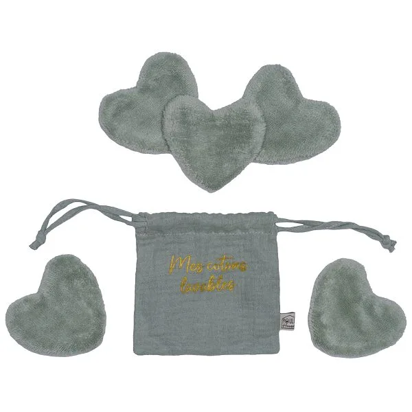 Set 5 cotons lavables forme cœur dans pochon - sauge - Poule House