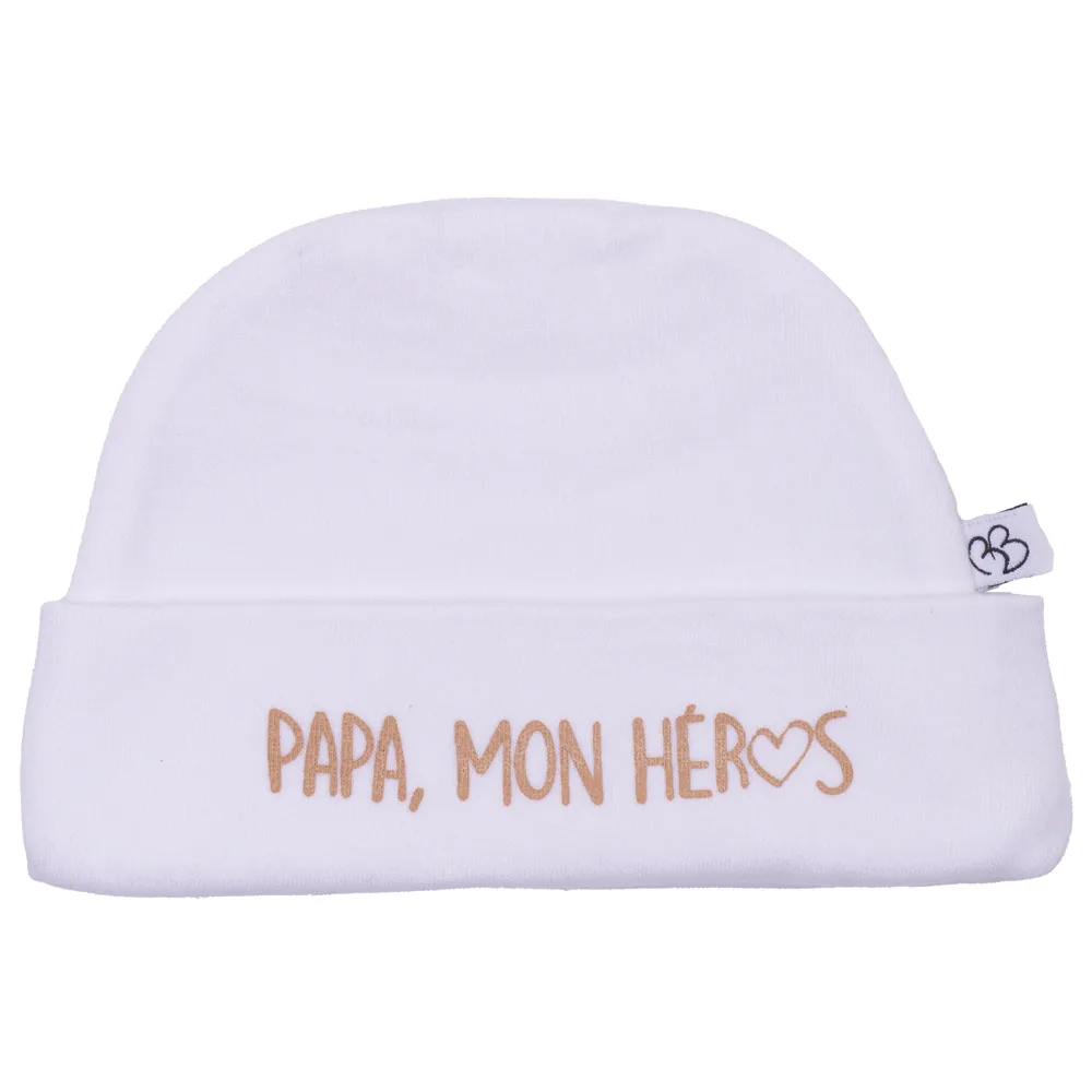Bonnet bébé naissance "Papa, mon héros" blanc