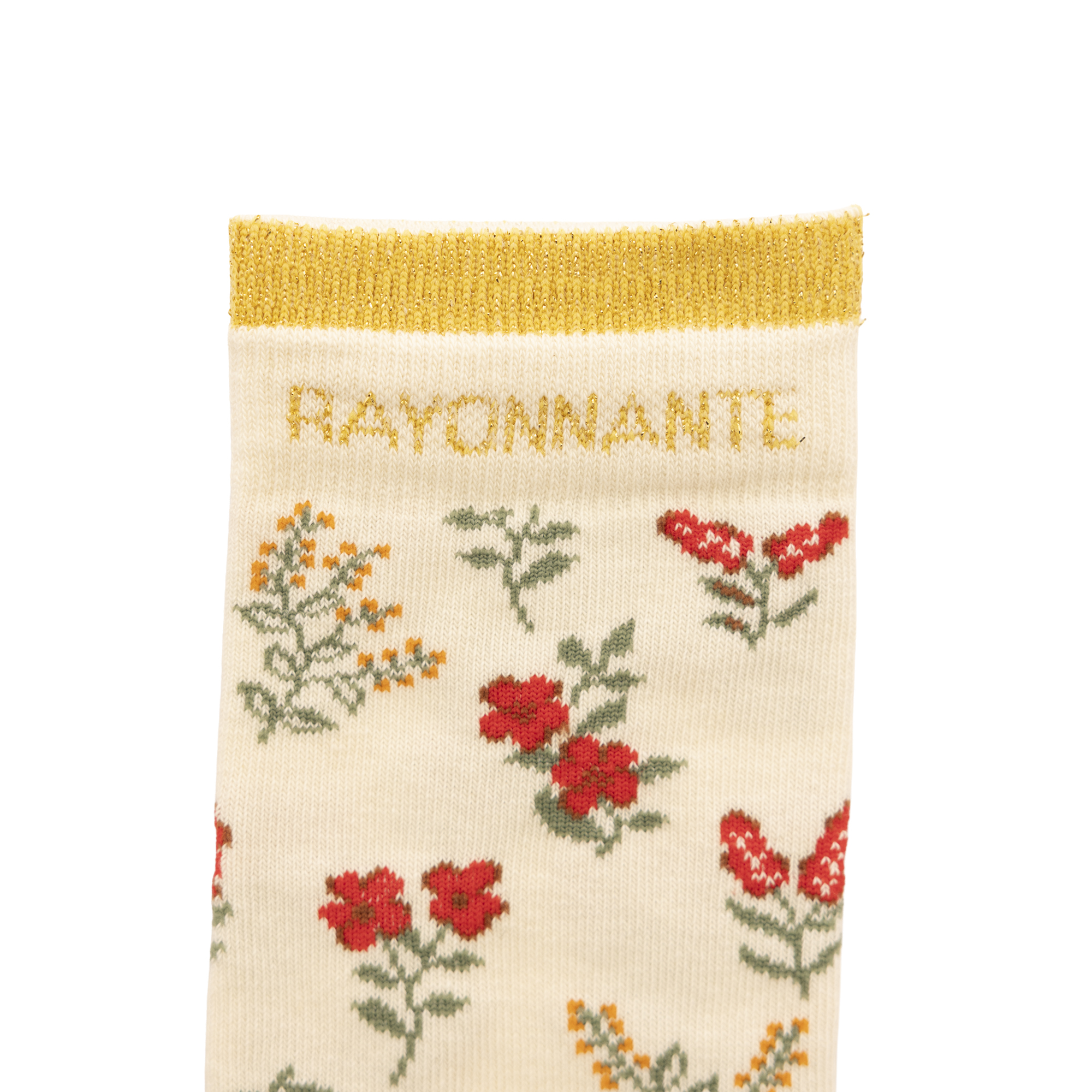 Chaussettes hautes fleurs rouges à message doré