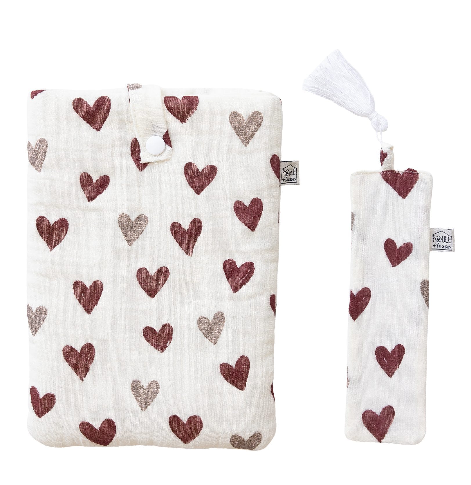 Pochette à livre de poche + marque-page cœurs bordeaux - Poule House